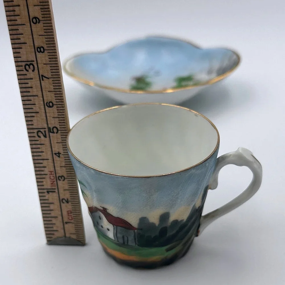 Vintage MCM Japanese‎ Landscape Porcelain Hand Decorated Teacup & Saucer